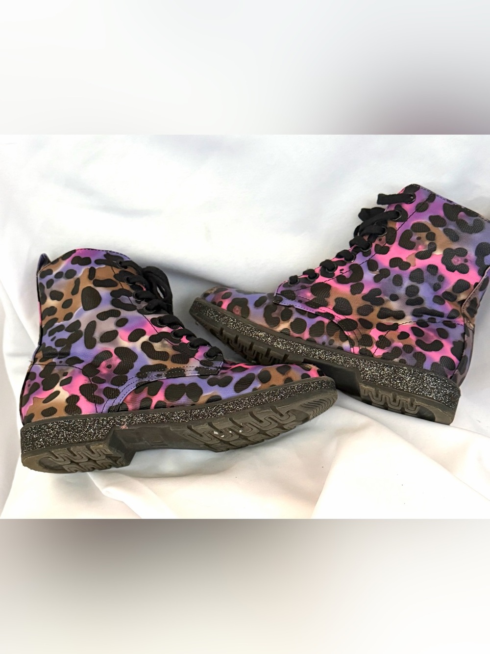MIA watercolor Leopard Combat Boots lace up and zippers